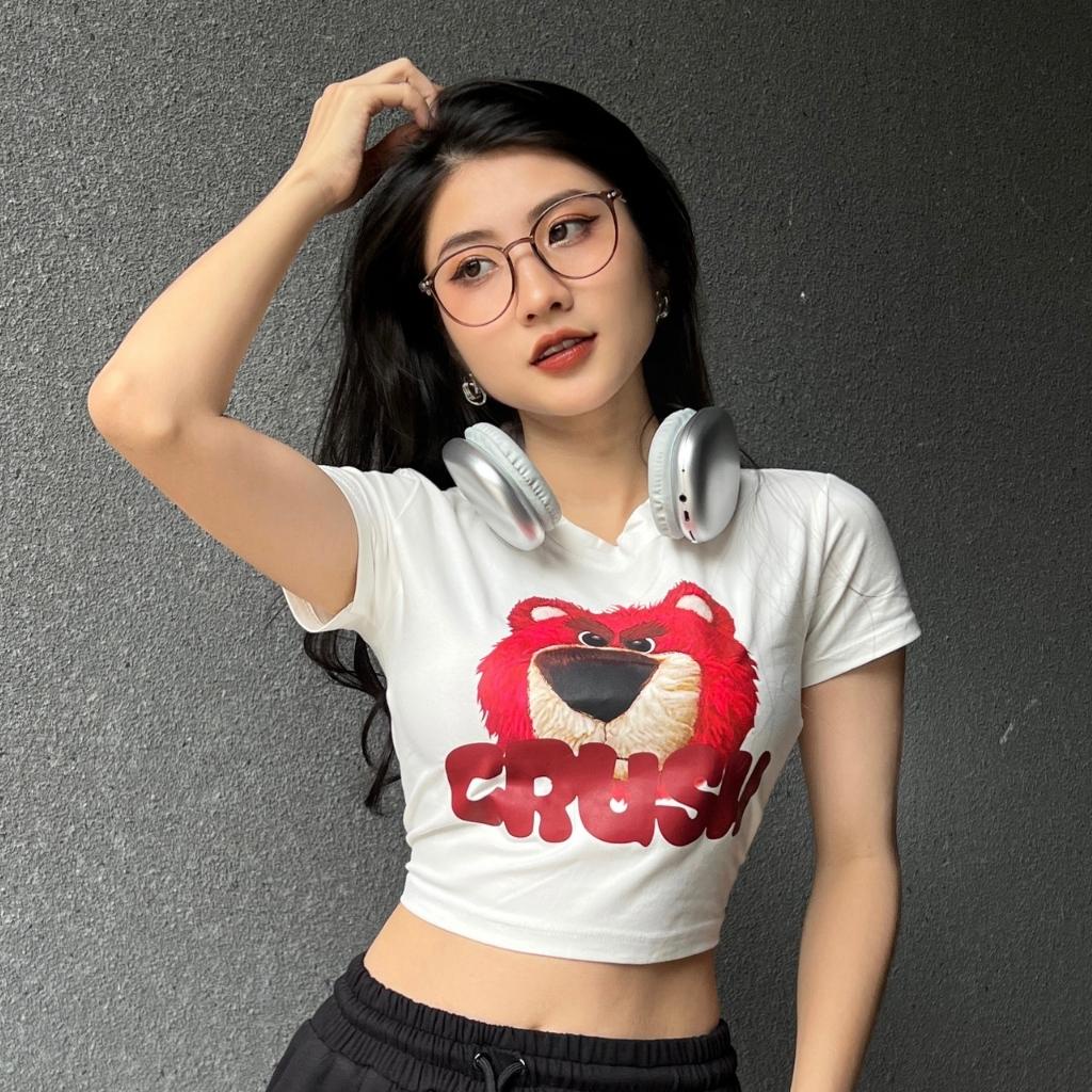 Áo croptop nữ ngắn tay in hoạ tiết Gấu dâu Xquin, Áo kiểu nữ ngắn tay cổ tròn phong cách Hàn Quốc