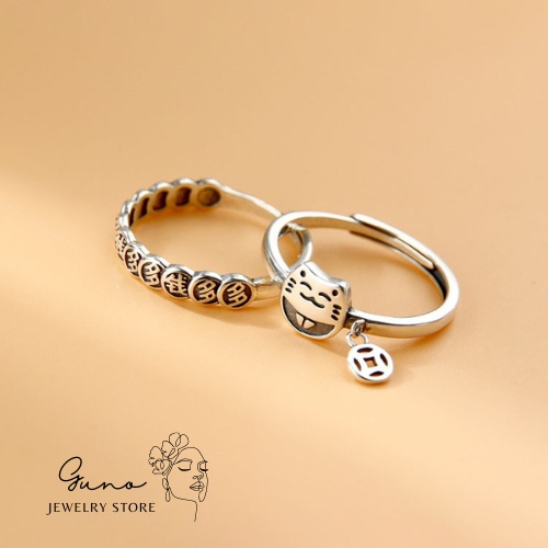 nhẫn freesize bạc ý 925 mèo thần tài và đồng xu may mắn tài lộc _ gunojewelry