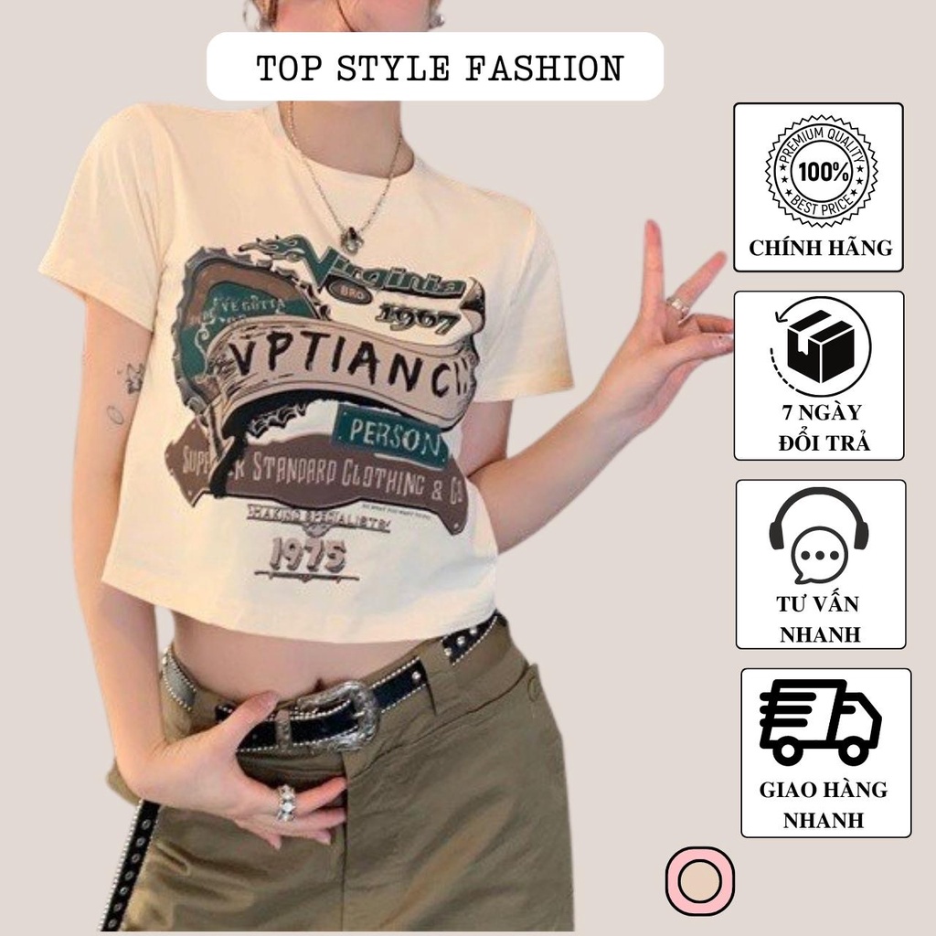 Áo croptop ngắn tay cổ tròn in hình phối chữ nhiều màu sắc, áo kiểu nữ hack dáng-A63