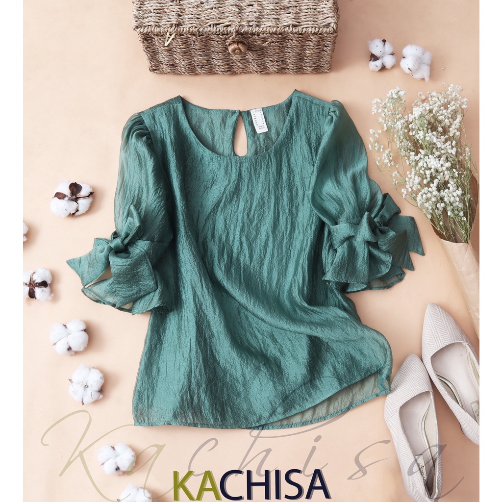 Áo kiểu nữ trung niên tay phồng cao cấp, tơ organza xốp phối nơ tay trẻ trung, nhiều màu - Thời trang KACHISA 1003JIT