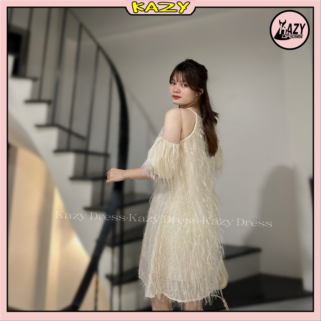 Váy cổ yếm trễ vai tơ lông mềm mịn phong cách tiểu thư KAZY DRESS V047 | BigBuy360 - bigbuy360.vn