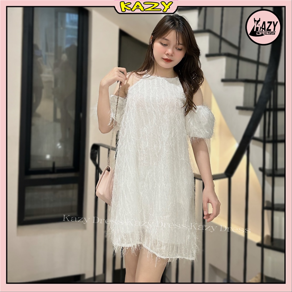 Váy cổ yếm trễ vai tơ lông mềm mịn phong cách tiểu thư KAZY DRESS V047 | BigBuy360 - bigbuy360.vn