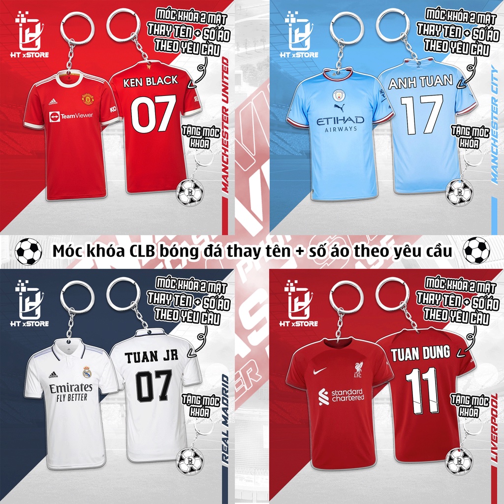 Móc khóa mica CLB bóng đá thay tên và số áo theo yêu cầu, móc khóa hai mặt Manchester United, Real Madrid, Liverpool