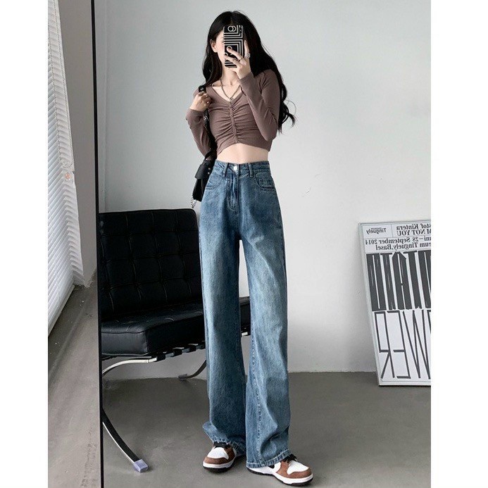 Quần Jean Nữ Màu Xanh Retro Ống Rộng Lưng Cao Uzllang Mặc Lên Cực Tôn Dáng Siêu Hot - 552