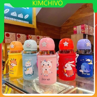 Bình nước học sinh 480ml, dể thương cho bé đi học, có ống hút, kèm túi xách