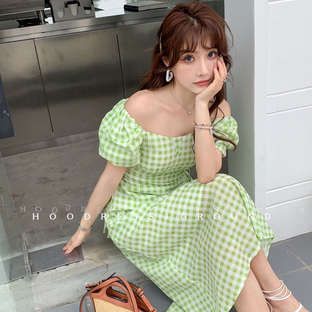 Đầm Tay Phồng Rút Dây Eo Thời Trang Mùa Hè Phong Cách Hàn Quốc Cho Nữ