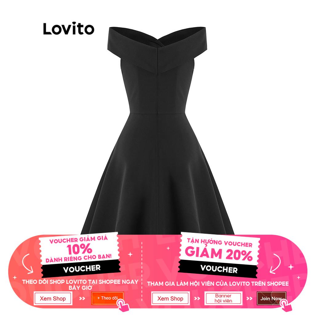 Đầm suông Lovito trễ vai hở lưng eo cao màu trơn phong cách thanh lịch dành cho nữ L41LD022 (đen)