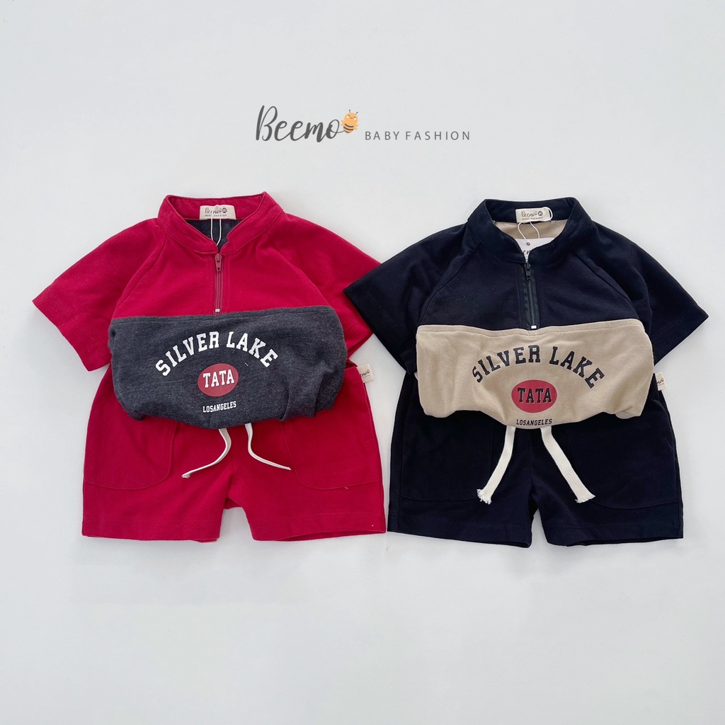 Bộ quần áo cổ tàu khoá kéo cho bé trai Beemo,Chất liệu cotton co giãn,áo in chữ nổi phối quần mềm mại B292