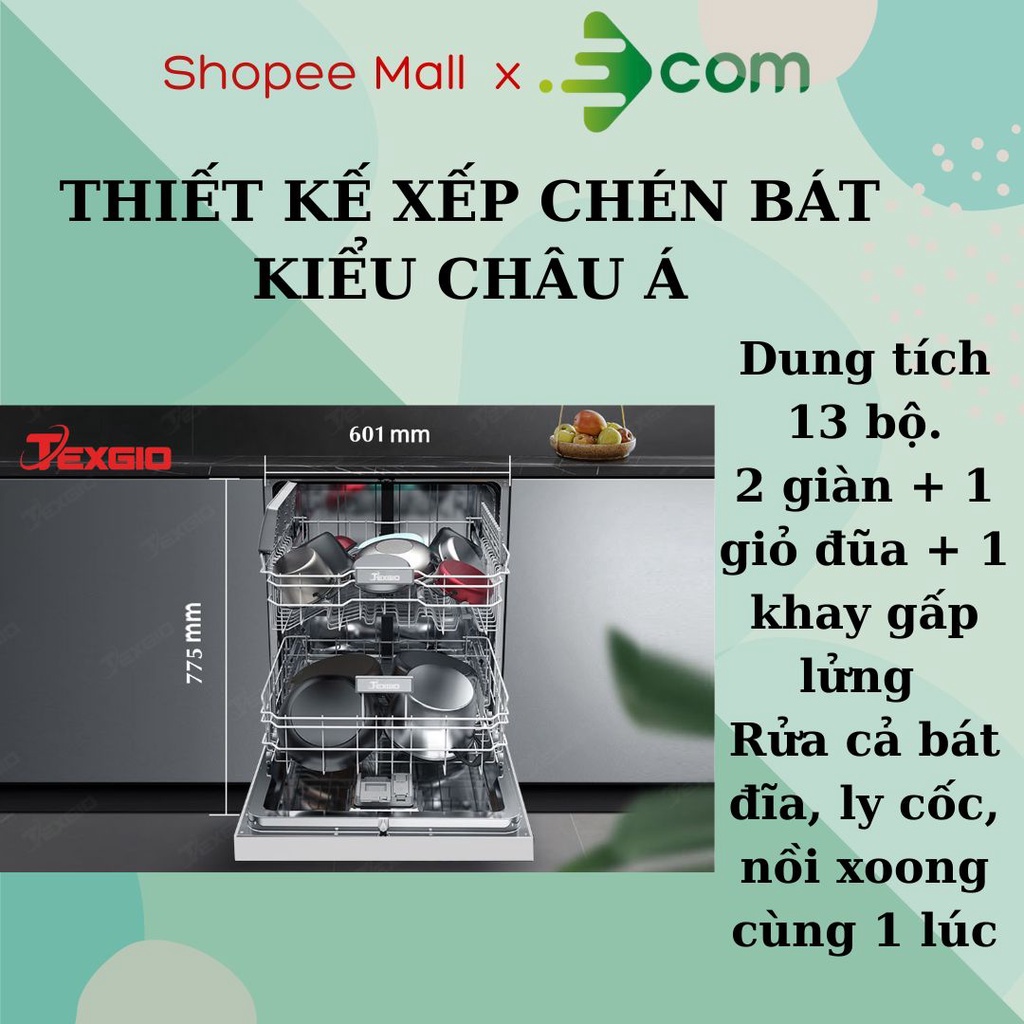 Máy rửa chén bát Texgio 13 bộ TG21H775S, rửa sạch sấy khô, diệt khuẩn UV phù hợp với gia đình đông người