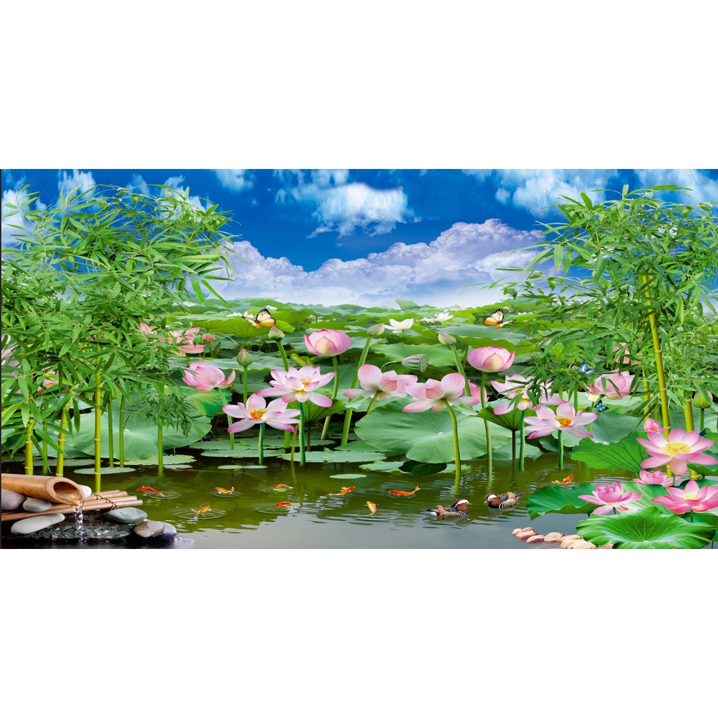 Tranh dán tường 3D đầm sen- tranh phong cảnh hoa sen