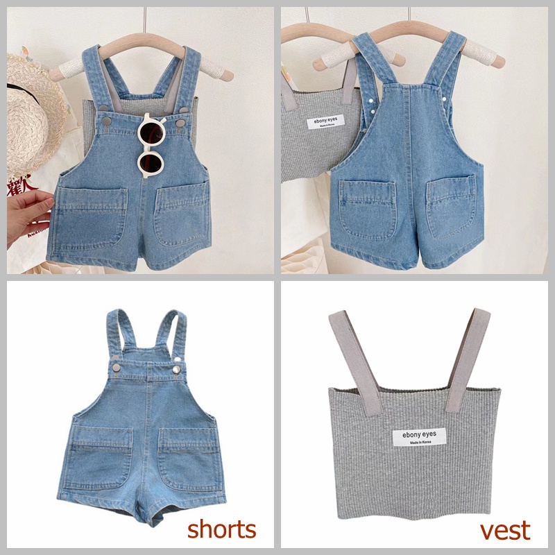 Quần Yếm denim Ngắn Dáng Rộng Màu Sắc Đơn Giản Thời Trang Mùa Hè Cho Bé Gái