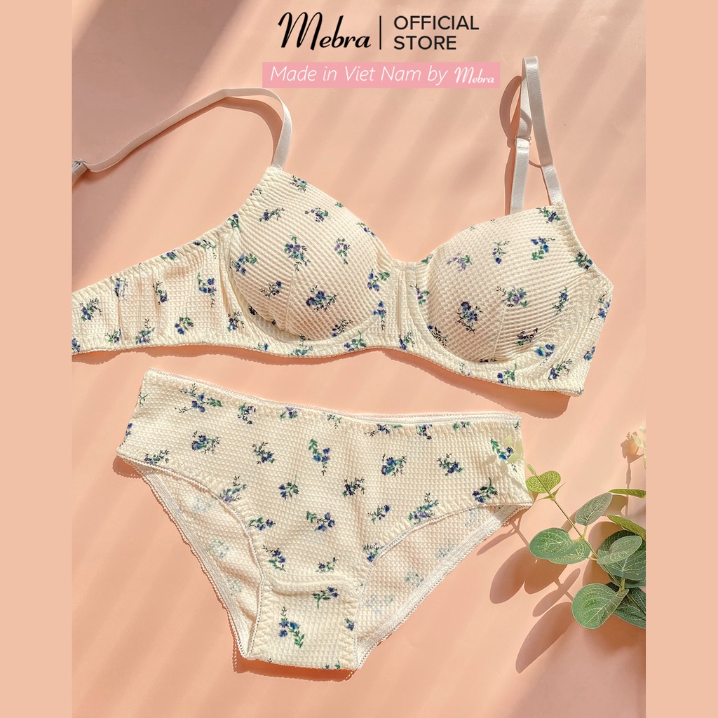 [BST 2023] Bộ Đồ Lót Nữ Có Gọng Quần Lót Tam Giác Cotton Tổ Ong Màu Be Hoa Xanh Mềm Mát Cao Cấp Mebra A067