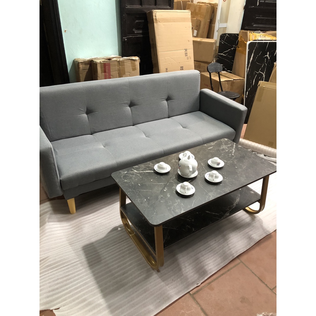 Bàn trà sofa phòng khách mặt gỗ họa tiết vân đá KT:100x50x42,Bàn uống nước 2 tầng khung thép chịu lực | BigBuy360 - bigbuy360.vn