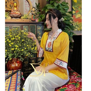 Đồ lam đi chùa nữ - bộ đi lễ chùa lụa hoạ tiết cao cấp chất mềm mịn mặc cực sang trọng_mẫu la hán lụa