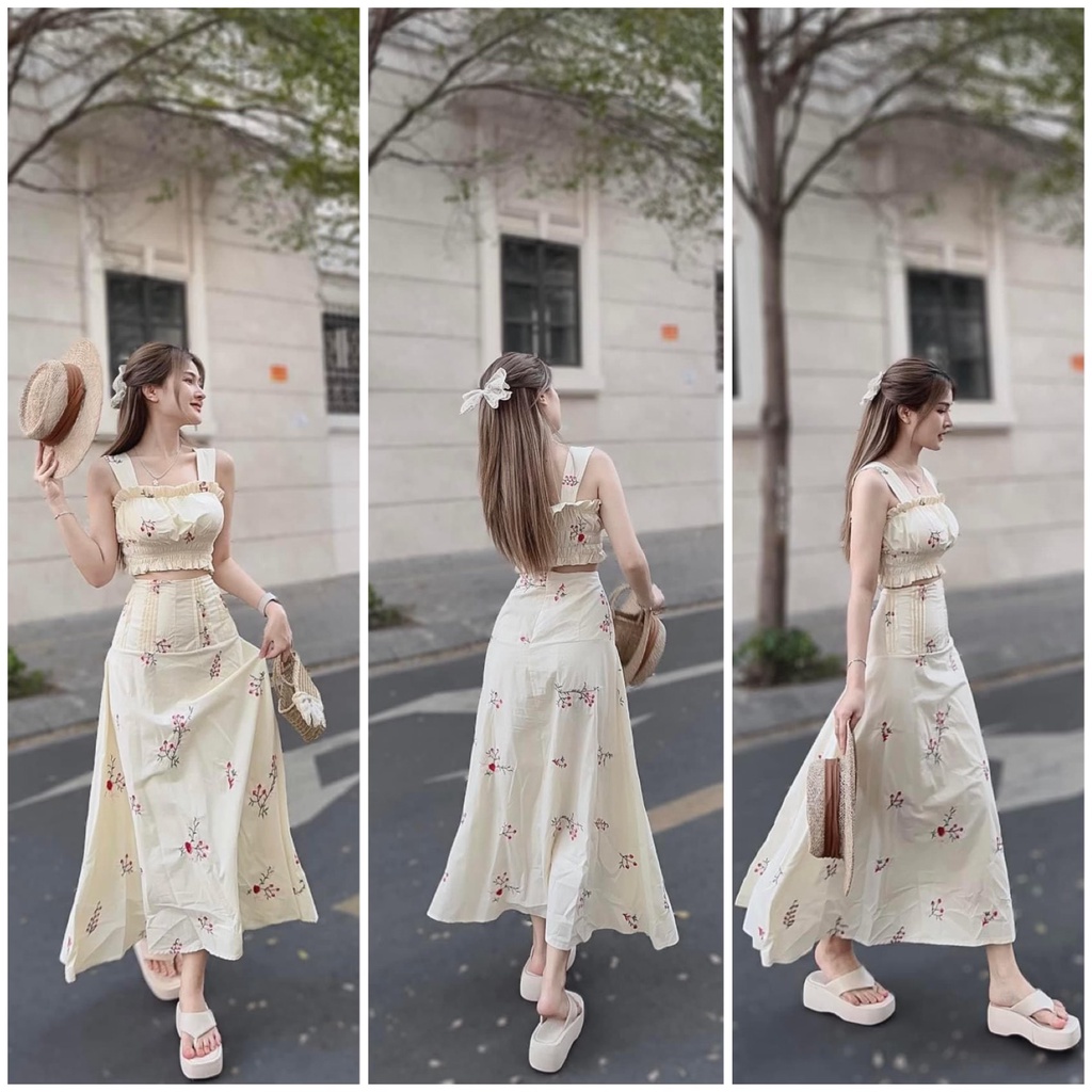 Sét đầm 2 dây bản to kate thêu hoa 3D B8