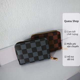 Ví mini đựng tiền bóp cầm tay nhỏ caro Quesu size 11cm cho nam nữ màu nâu xanh