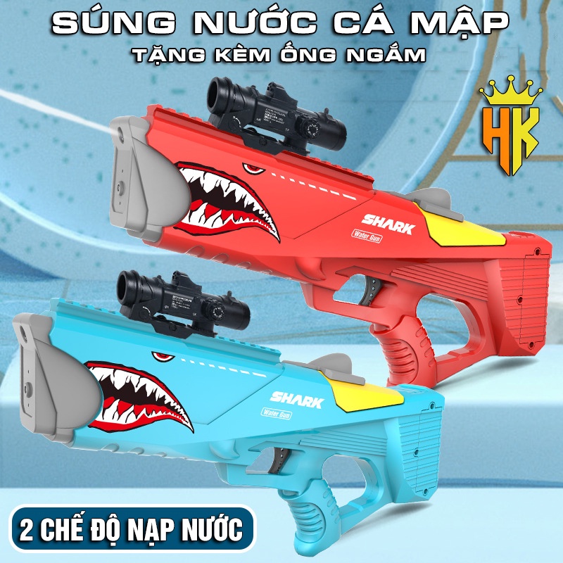 Súng Nước Áp Lực Cỡ Lớn Cá Mập Shark, Súng Bắn Nước Pin Sạc Và Nạp Nước 2 Chế Độ Với Bình Chứa Dung Tích Lớn 1500ml