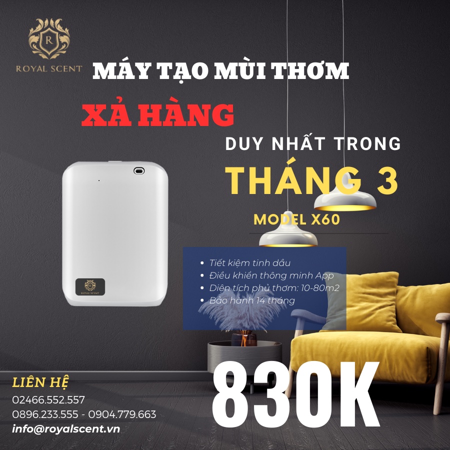 Máy Tạo Mùi Thơm không dùng nước cho diện tích lớn Dưới 80m2 như Spa, Văn Phòng, Nha Khoa, Cửa hàng, Showroom