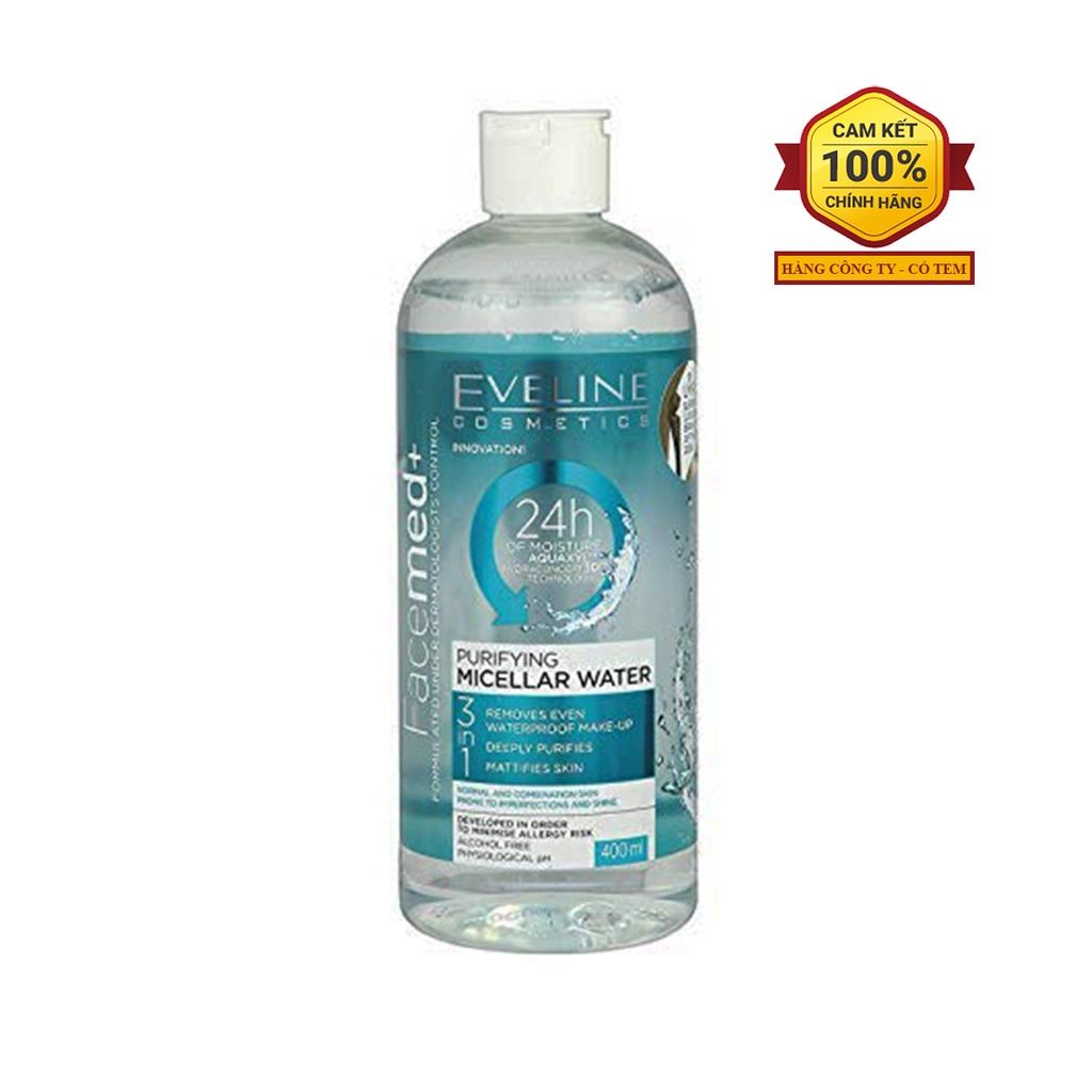 Nước tẩy trang Eveline Facemed+ Purifying Micellar Water 400ml - sạch sâu 3 tác động, cho da thường, da hỗn hợp