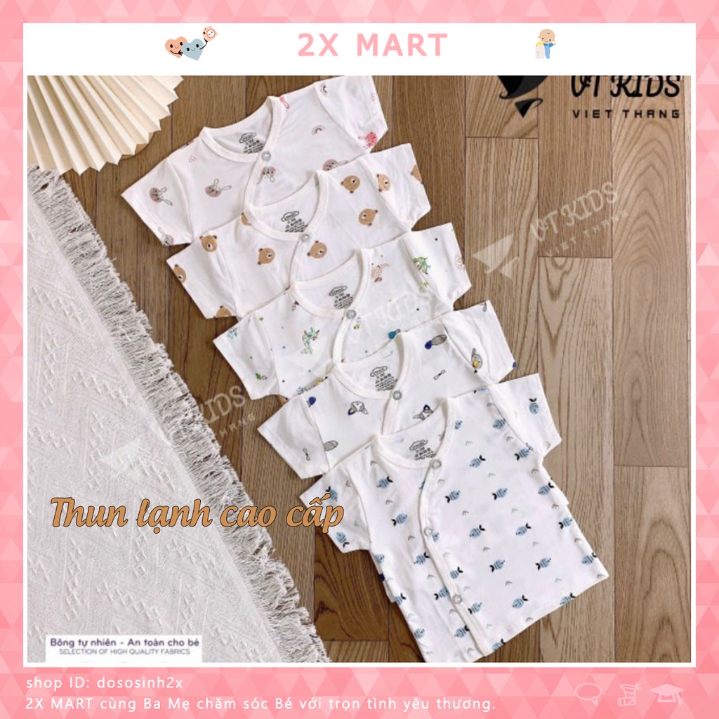 Áo sơ sinh bé trai gái cộc tay vạt chéo khuy lệch thun lạnh trắng họa tiết, trọn gói đồ sơ sinh 2X MART