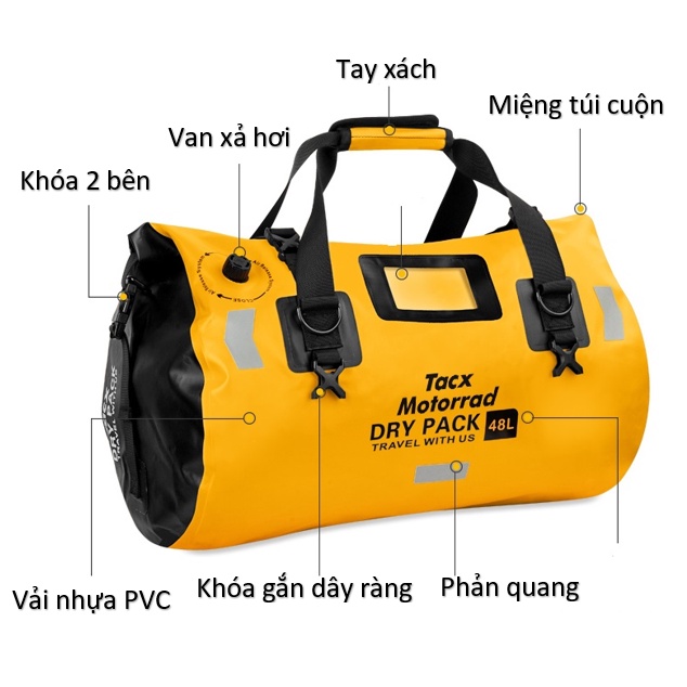 Túi chống nước TACX 66L, đế dày chắc chắn - Túi treo xe máy, moto, chống nước, có phản quang, full phụ kiện