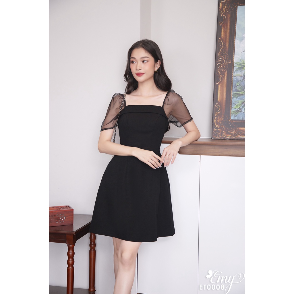 Đầm EMY ET0008 Xoè Đen Tay Lưới