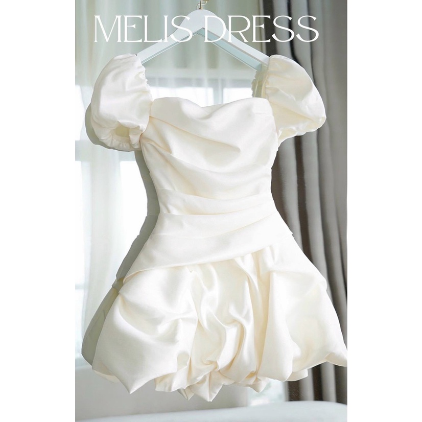 [4.4 Sales Freeship] Đầm cổ vuông tay phồng dáng xòe bồng bềnh chất tapda, đầm nữ đi tiệc chiết eo dáng ngắn quyến rũ dx