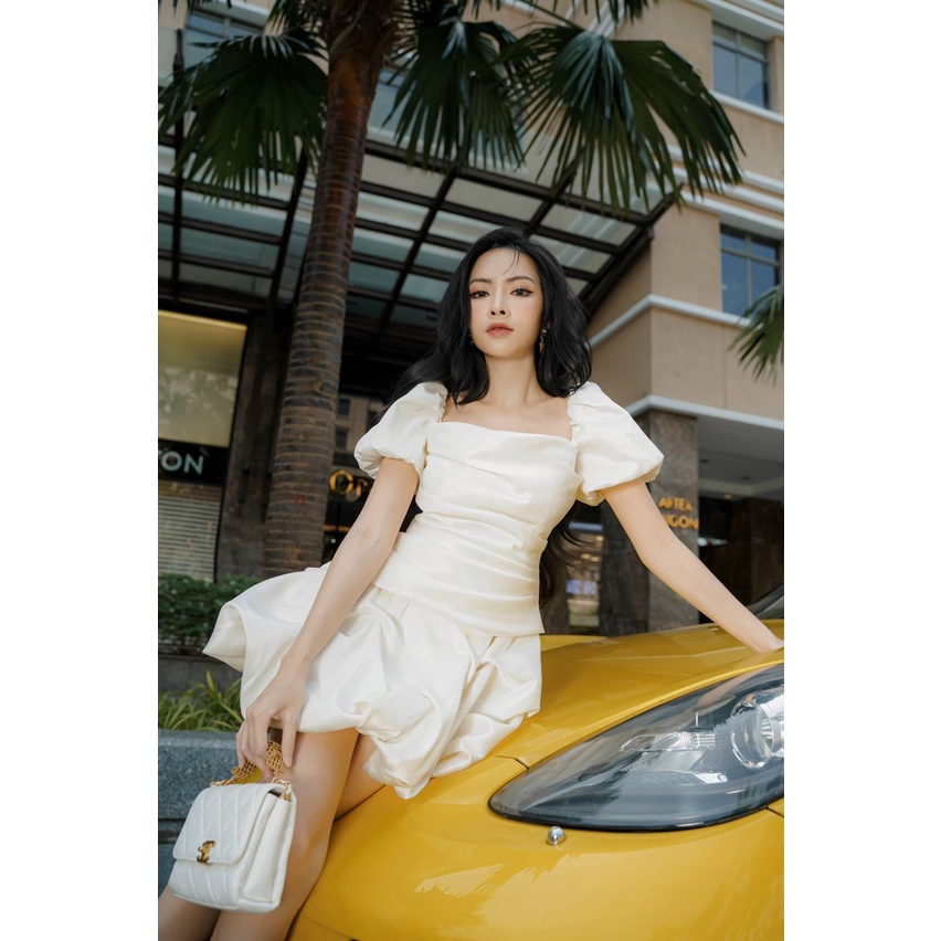 [4.4 Sales Freeship] Đầm cổ vuông tay phồng dáng xòe bồng bềnh chất tapda, đầm nữ đi tiệc chiết eo dáng ngắn quyến rũ dx