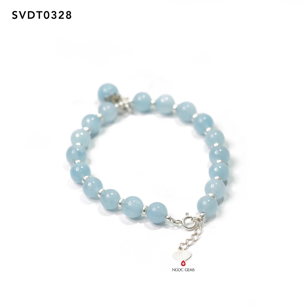 Vòng tay Aquamarine 7mm mix Charm bạc Bi Trơn - Hợp mệnh Mộc và mệnh Thủy - Ngọc Gems