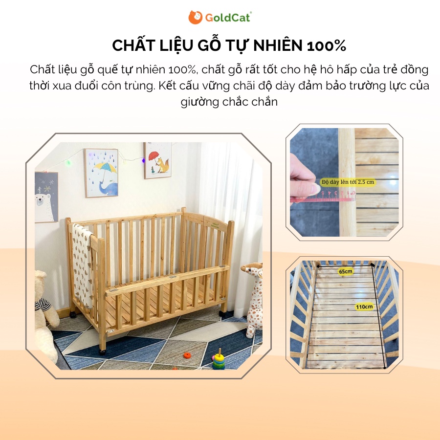 Nôi Cũi Cho Em Bé 4in1 GOLDCAT Làm Từ Gỗ Quế Tự Nhiên, Có Thể Gấp Gọn Giúp Trẻ Chống Trào Ngược Kèm  Đệm Muslin Cao Cấp