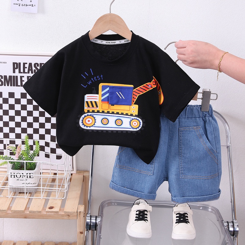 Set Đồ Mùa Hè 2 Món Gồm Áo Thun Cotton In Hình Xe Hơi Hoạt Hình + Quần Ngắn Cho Bé Sơ Sinh 1 2 3 4 5 Tuổi