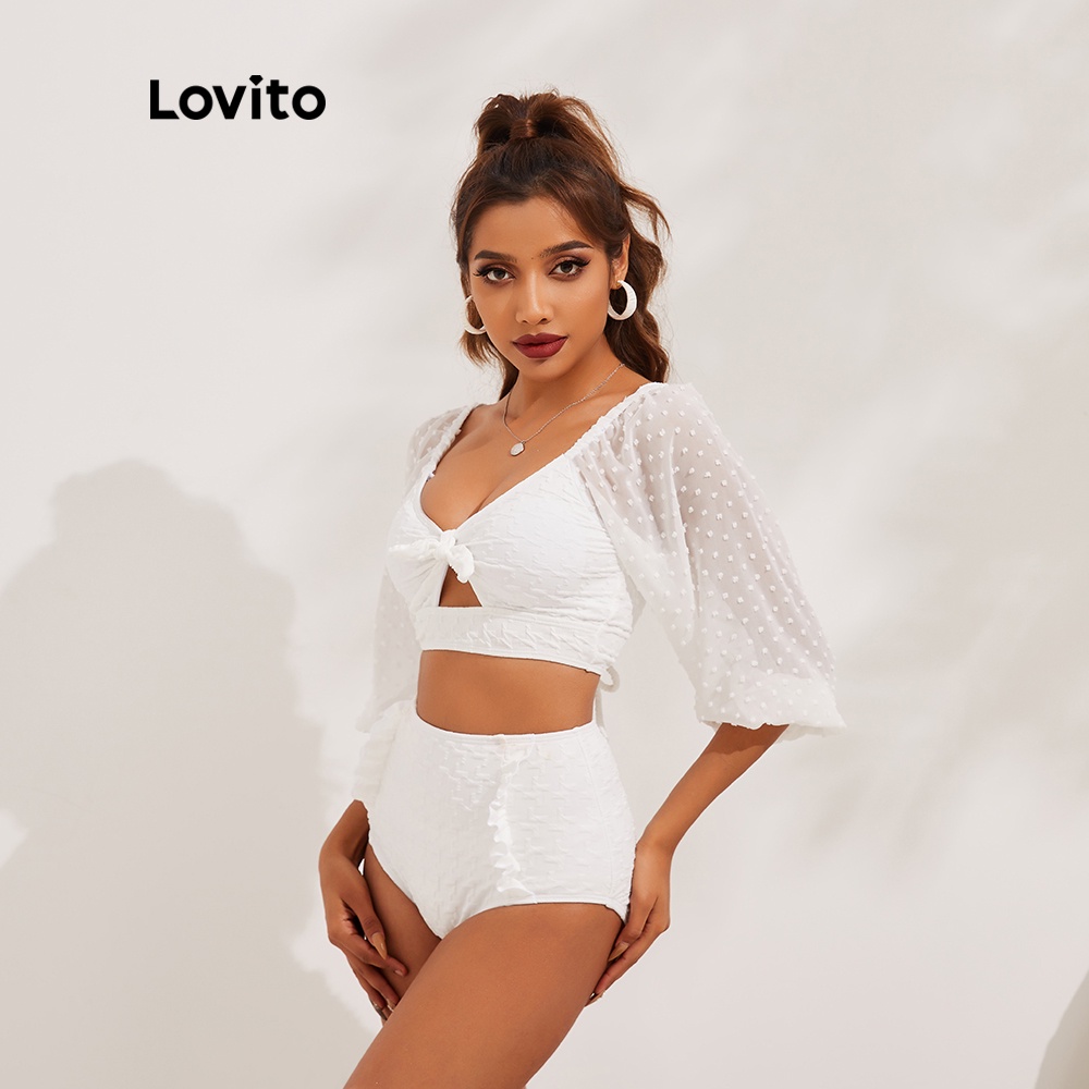 Bikini Lovito màu trơn dáng ôm khoét rỗng đính nơ phong cách Boho L13X118 (Màu trắng)