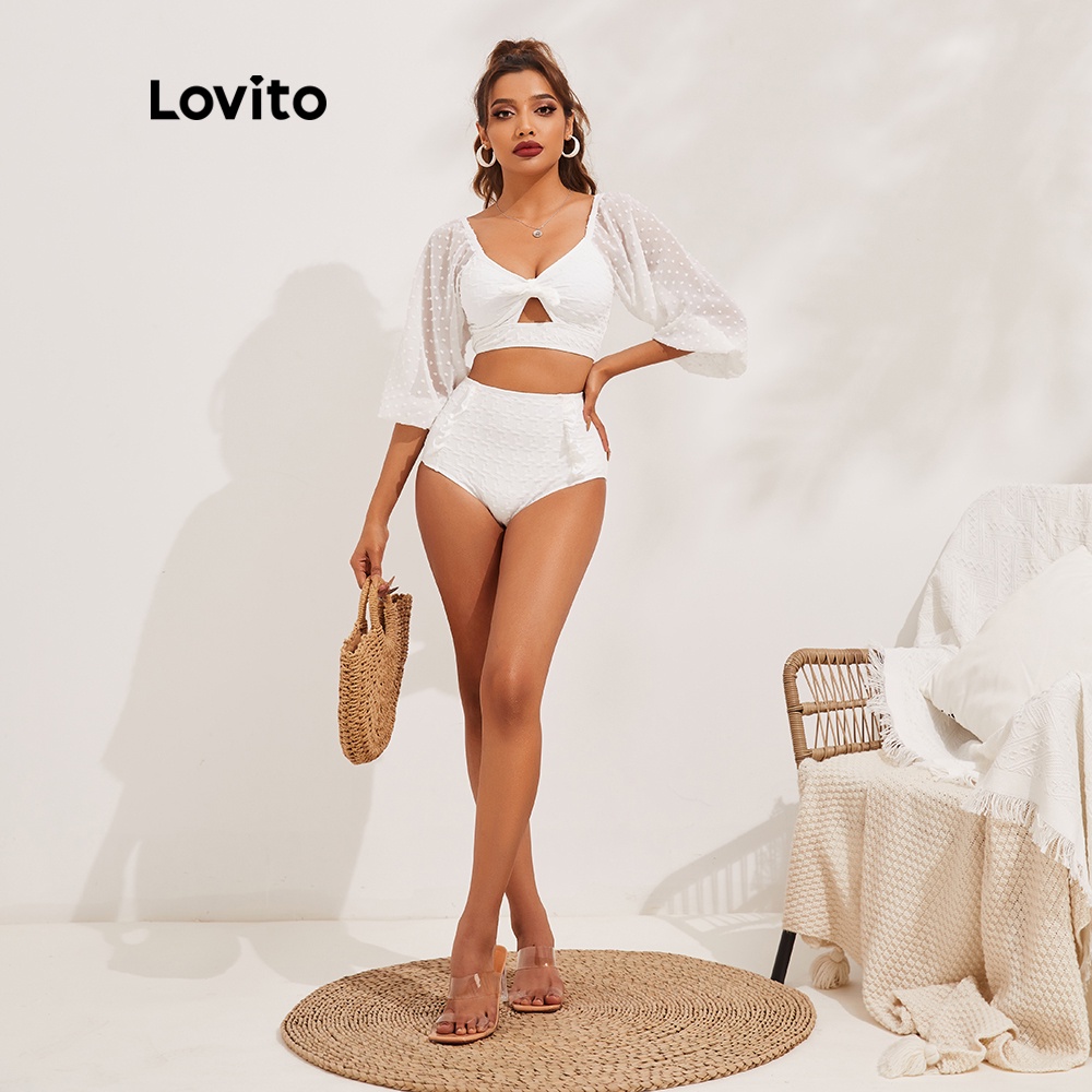 Bikini Lovito màu trơn dáng ôm khoét rỗng đính nơ phong cách Boho L13X118 (Màu trắng)