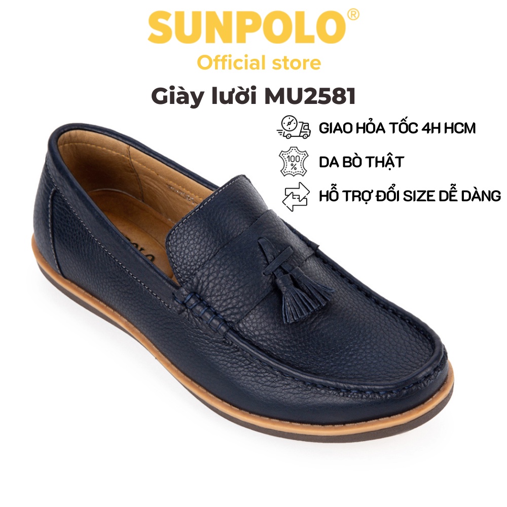 Giày lười nam Da bò cao cấp SUNPOLO đi làm công sở, đi chơi Màu Xanh Navy - MU2581