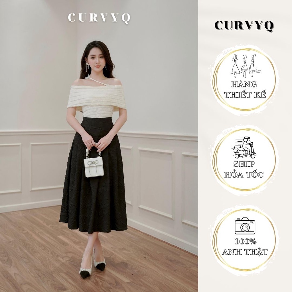 Chân Váy Nữ Midi Xếp Ly Phồng Đen Hoa Nổi 3D Có Lót Cạp Khóa Thời Trang Thiết Kế Nữ CurvyQ