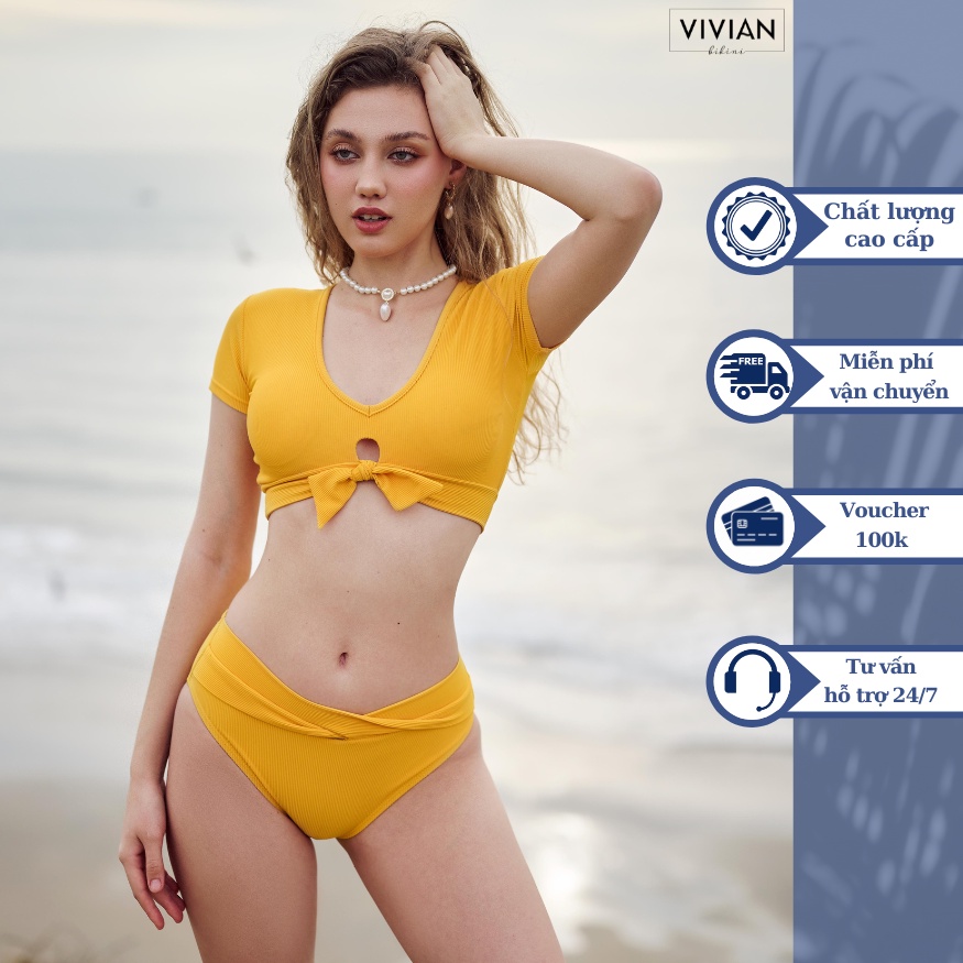 Đồ bơi nữ cao cấp 𝐕𝐈𝐕𝐈𝐀𝐍 dạng hai mảnh áo tay ngắn, cổ V cách điệu - màu Vàng - VS172_YL