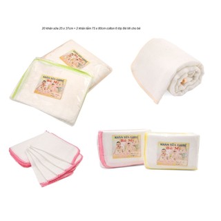 Combo 20 khăn sữa 25 x 25cm + 1 khăn tắm 75 x 80cm cotton 6 lớp bé mi cho bé