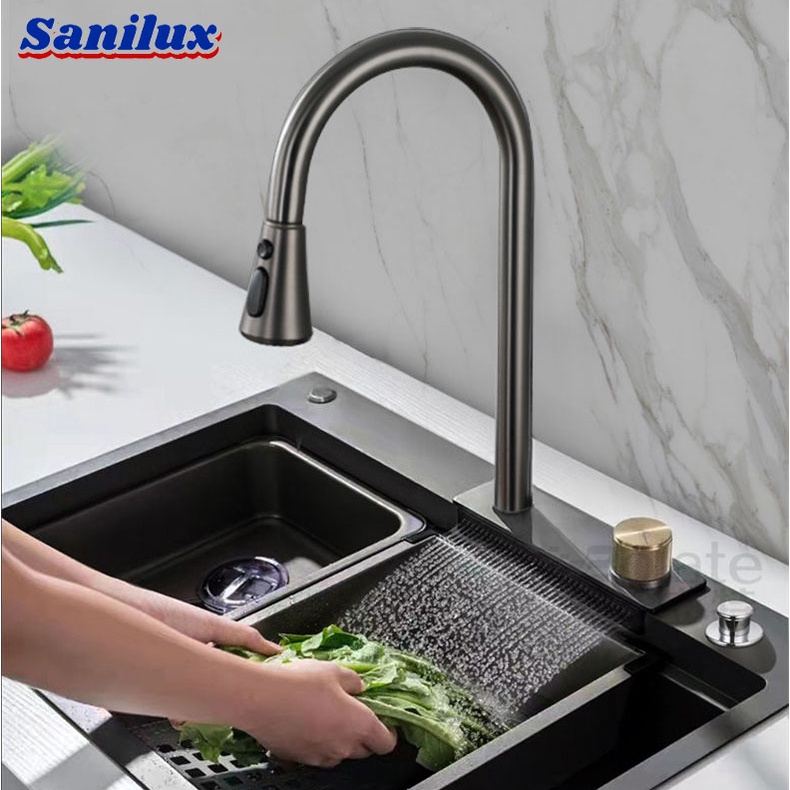 Chậu Rửa Bát 1 Hố Sanilux Kèm Dây Rút Thác Nước, Bồn Rửa Chén 1 Ngăn Lớn Inox SUS304 Cao Cấp Kèm Thớt, Khay Rửa, Xiphong