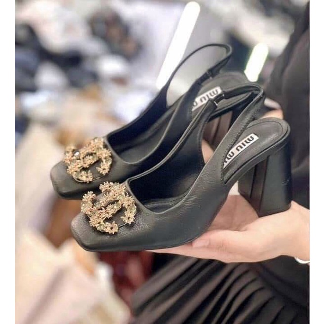 Giày cao gót LIM Store đế vuông 7cm khóa đá quai co dãn ôm chân, giày Mary Jane cao cấp