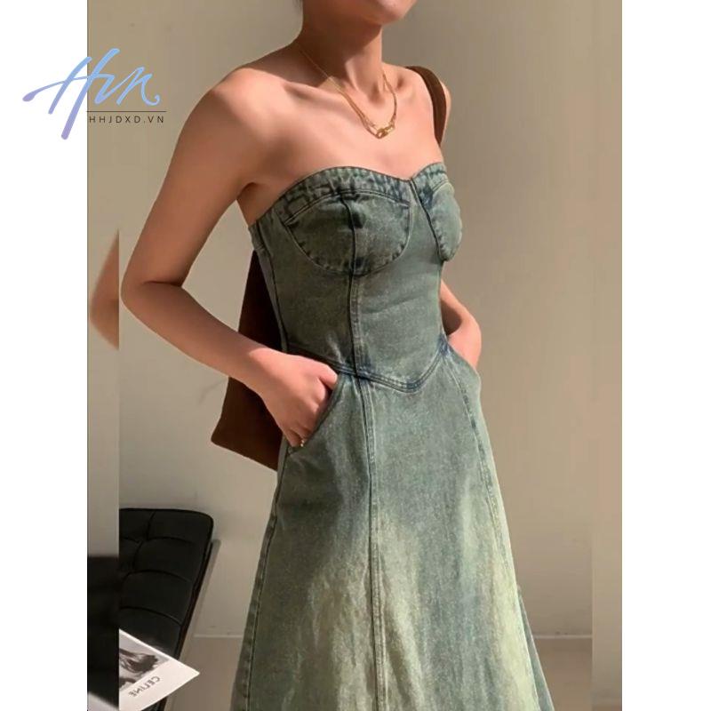 Đầm Denim Dài Dáng Chữ a Eo Cao Thời Trang Xuân Thu Phong Cách Pháp Cổ Điển Hàng Mới Dành Cho Bạn Nữ