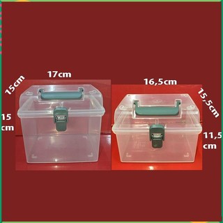 Hộp nhựa trong suốt có khóa cài và quai xách xám, size nhỏ gọn 16,5x15cm cao 11cm hay 15cm.Sx tại Thái Lan. D382