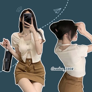 [ SHOP CÓ SẴN ] Áo thun croptop ngắn tay cổ yếm ôm eo phong cách Hàn Quốc