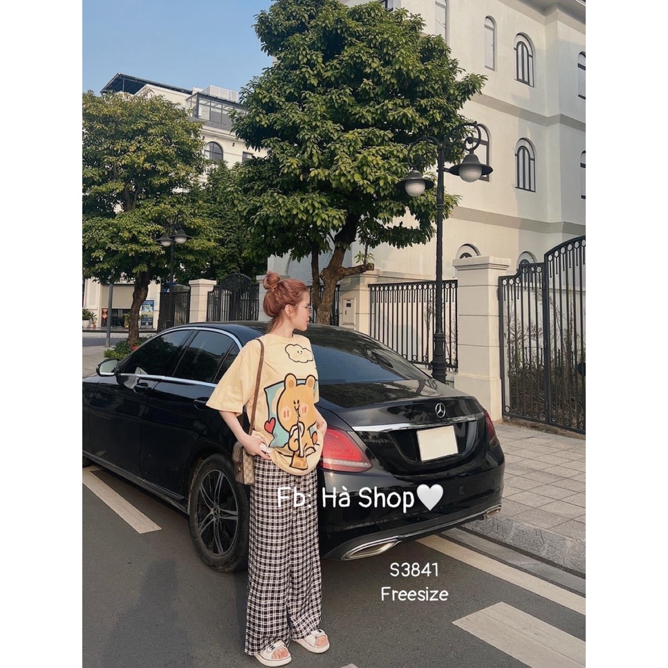 [4.4 Sales Freeship] Set bộ đi chơi, set áo thun from rộng màu nu in gấu dễ thương phối quần dài ổng rộng caro đen mtb