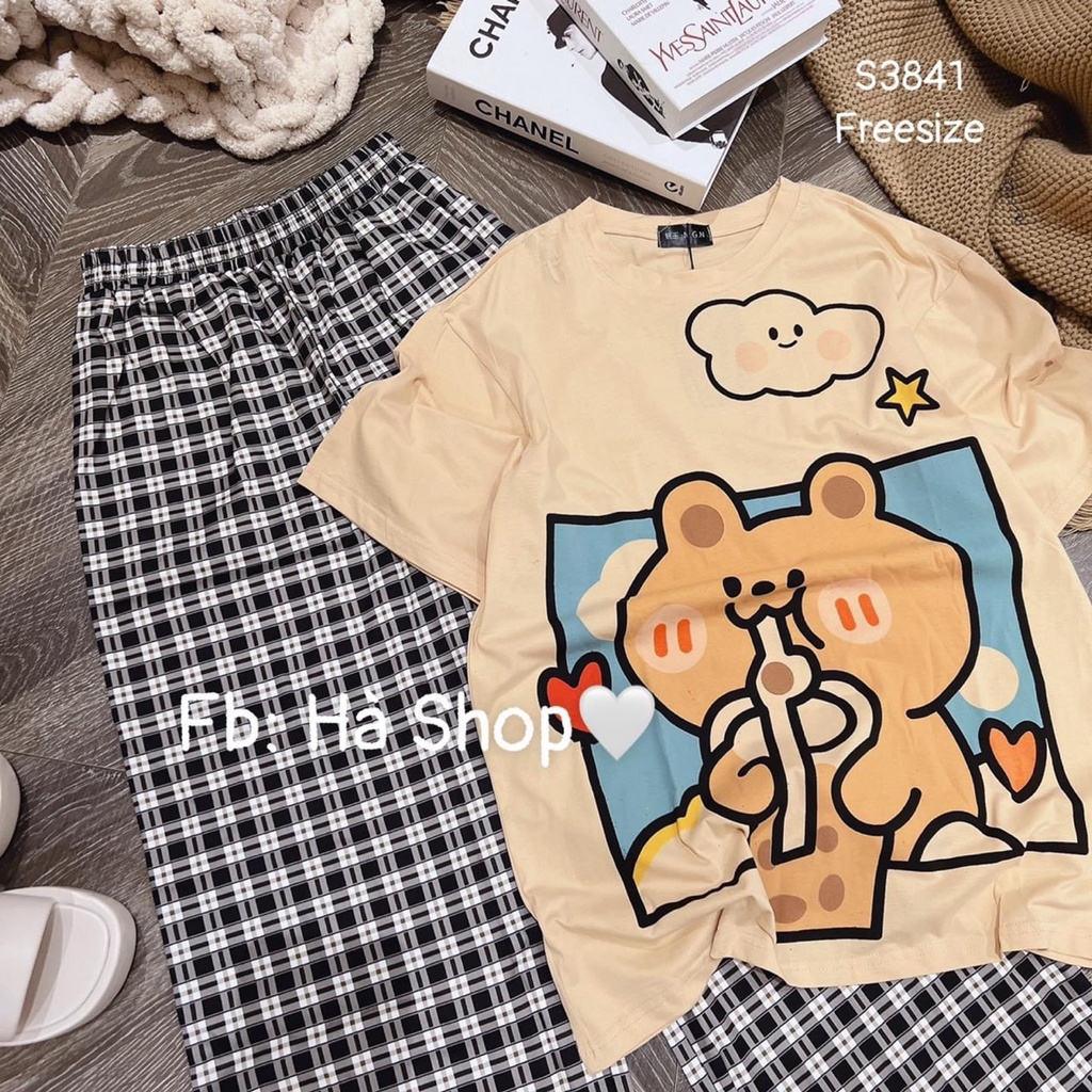 [4.4 Sales Freeship] Set bộ đi chơi, set áo thun from rộng màu nu in gấu dễ thương phối quần dài ổng rộng caro đen mtb
