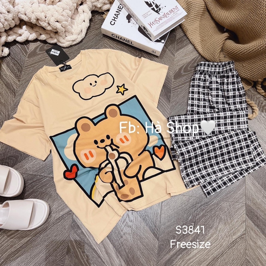 [4.4 Sales Freeship] Set bộ đi chơi, set áo thun from rộng màu nu in gấu dễ thương phối quần dài ổng rộng caro đen mtb
