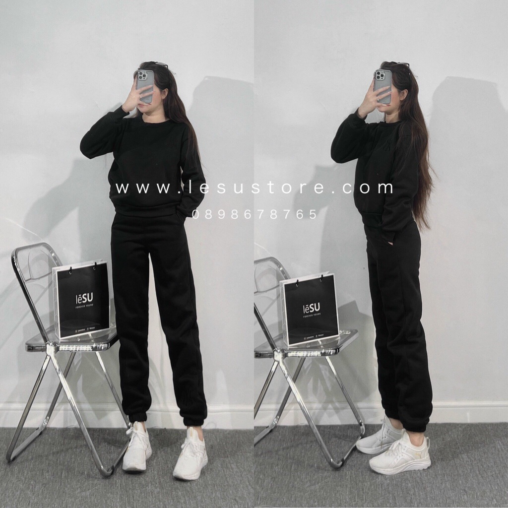 ẢNH TỰ CHỤP Set áo sweater nỉ bông & quần jogger thêu chữ