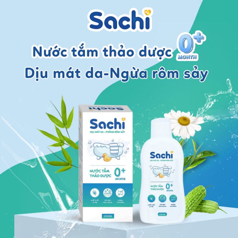 Nước tắm thảo dược Sachi (Chai 250ml) Giúp Dịu mát da, Ngừa rôm sảy, Mẫn đỏ, Hăm tã, dùng được cho Trẻ sơ sinh