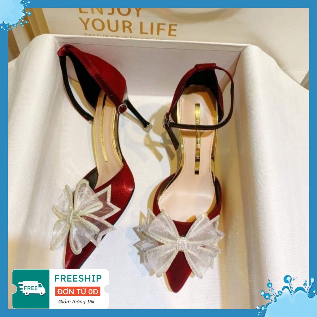 Giày cao gót nhọn 7cm Lụa satin nơ soàn bigsize 32 đến 45