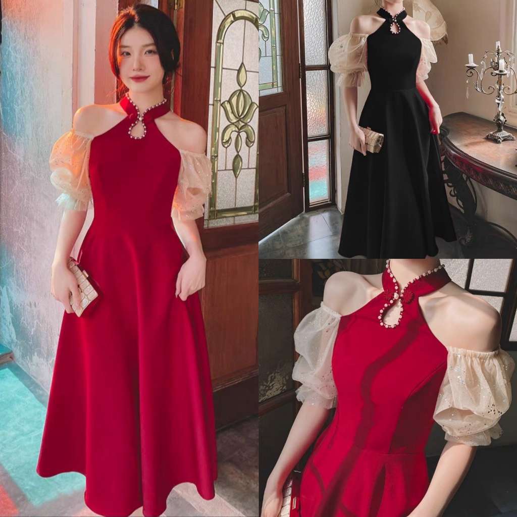 Đầm cổ tàu tay phối lưới kim sa đính cườm dáng xòe thân dài với 2 tone màu đen và đỏ thích hợp cho các nàng dự tiệc