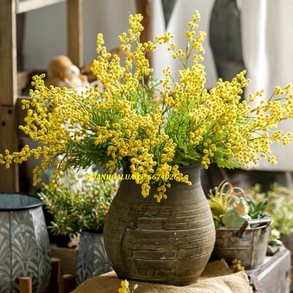 Hoa giả_Hoa mimosa 2 nhánh cực đẹp, cành cao 6cm gồm 2 nhánh, dùng để cắm bình trang trí nhà cửa